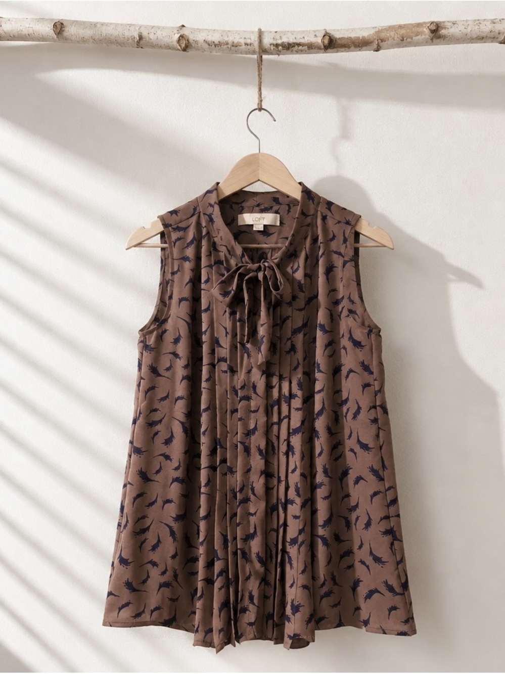 LOFT Brown Sleeveless Pleated Tie-Neck